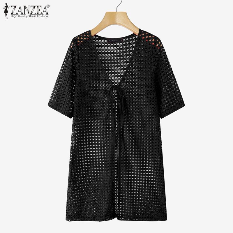 ZANZEA Holiday Beach Hollow Lace Crochet Tie-Front Kimono Cover-Up Cardigans