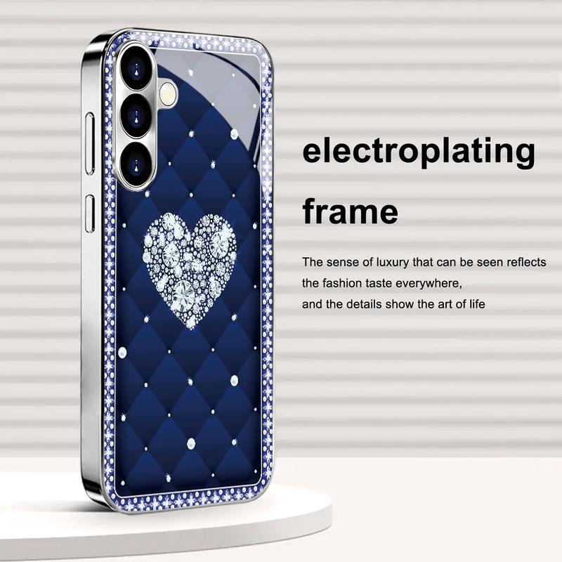 Diamond heart-shaped patterned glass phone case suitable for Samsung Galaxy S26 S25 S24 S23 S22 S20 FE Ultra Plus anti drop