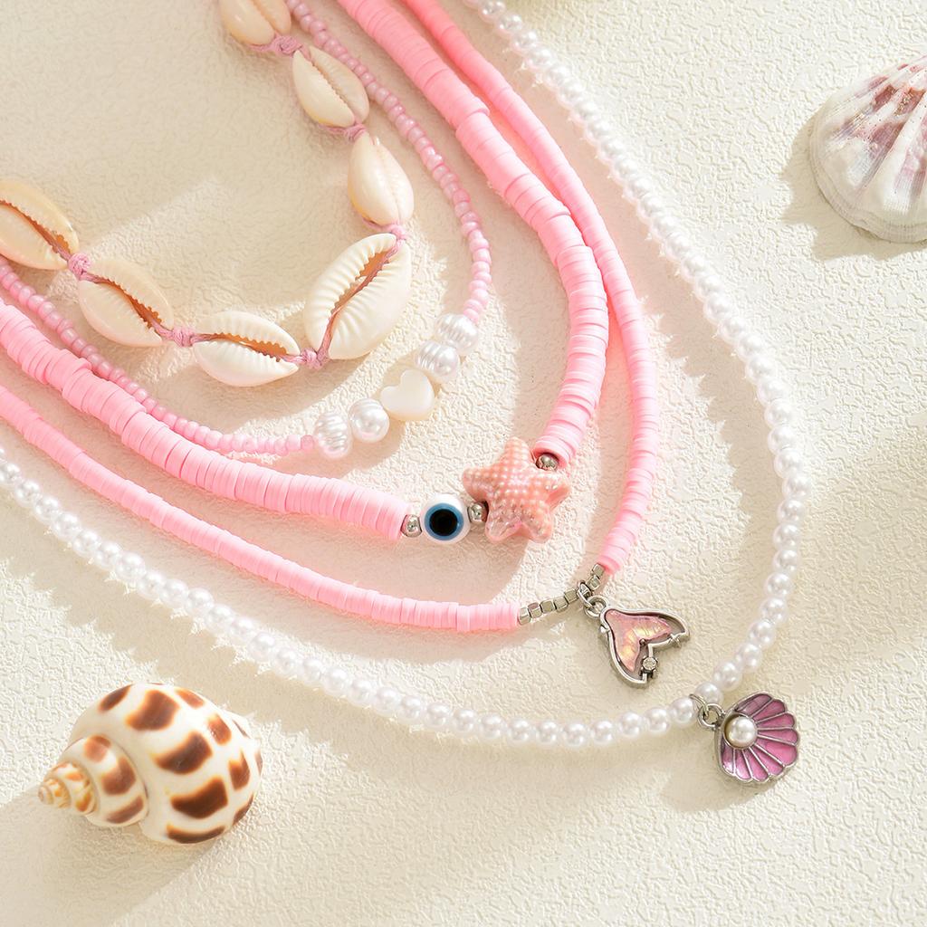 Pink shell necklace, European and American seaside vacation style fashion beaded starfish pearl multi-layer stacked necklace women