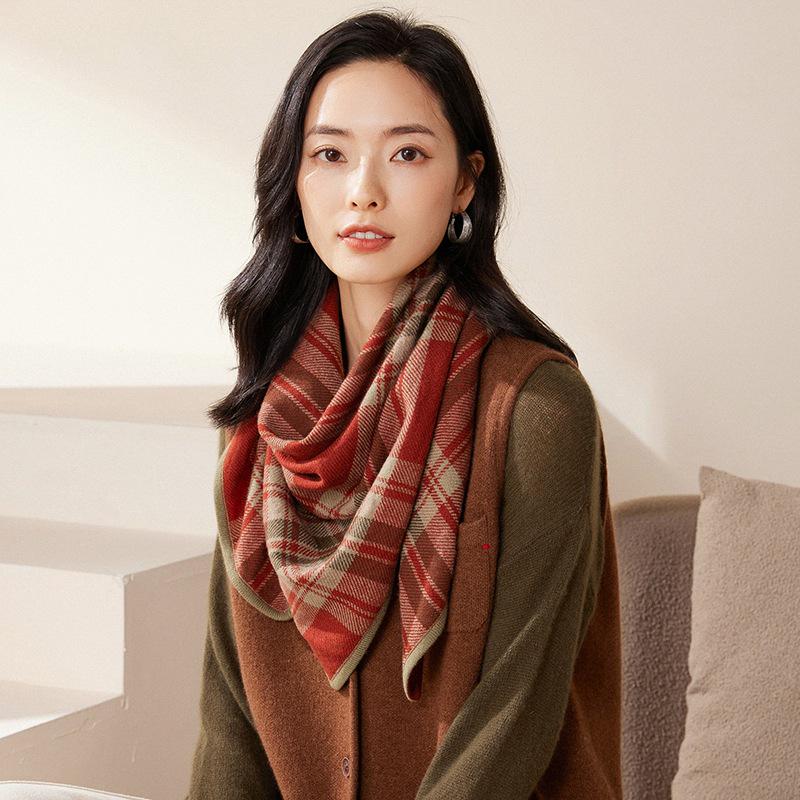 Women s 100% Cashmere Plaid Color Block Shawl – Autumn/Winter Knit Triangle Scarf