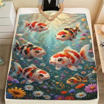 1PC Floral Water Scene Print FlAannel Blanket, High Quality Comfortable for All Seasons, Home Decor, Warmth and Comfort