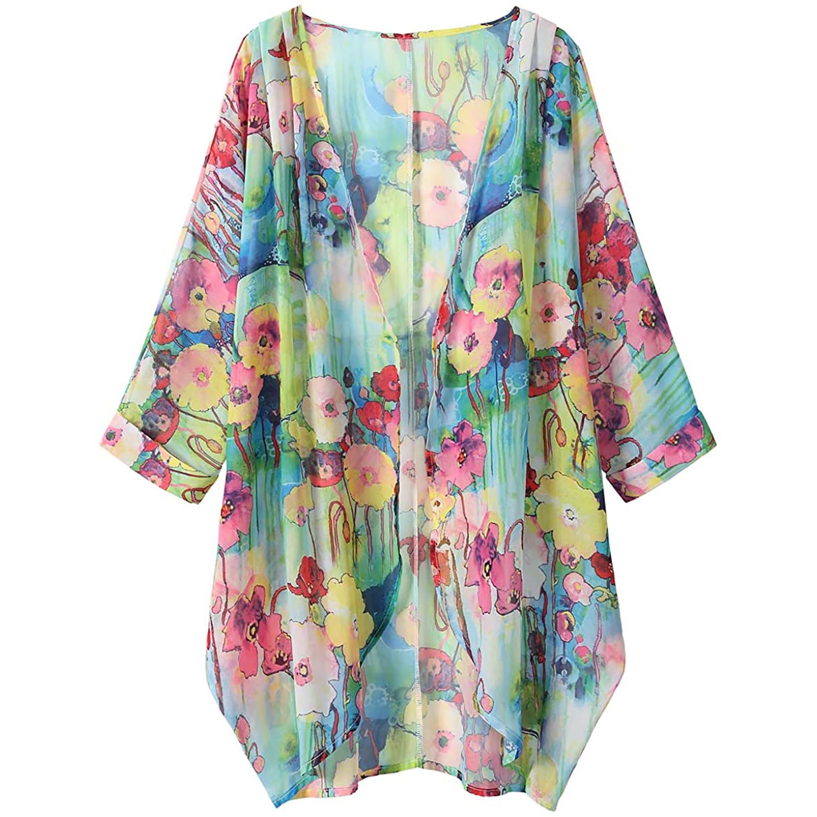 Women s Floral Print Sheer Chiffon Loose Kimono Cardigan Capes Sun S