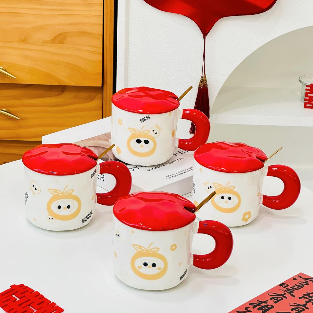 Creative and Personalized Small Orange with Cover Spoon Cute Ceramic Cup High Value Large Capacity Simple Set