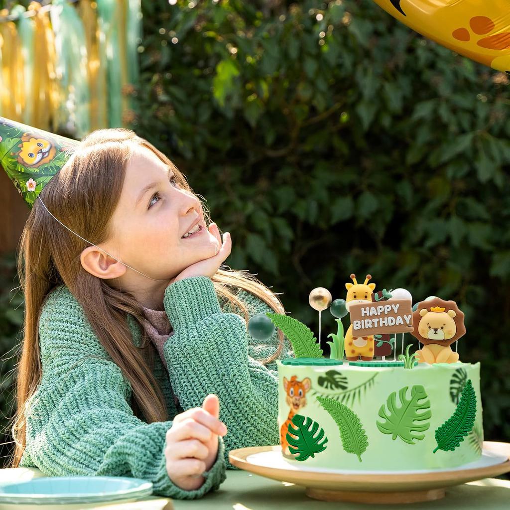 Safari Animal Cake Topper - Jungle Wild Cake Toppers with Monkey Lion Elephant Giraffe and Leaves Balls Cake Decorations