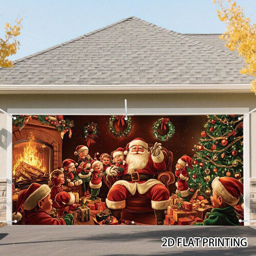 2D Türvorhang-Banner 1 Stück Vintage Weihnachts-Garagentor-Dekoration - Weihnachtsmann, Elfen und Kamin-Szenen mit Geschenken