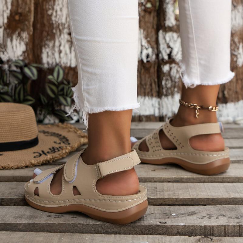 Summer New Sandals Thick Bottom Hollow Slope Heel Velcro Solid Color Breathable Open Toe