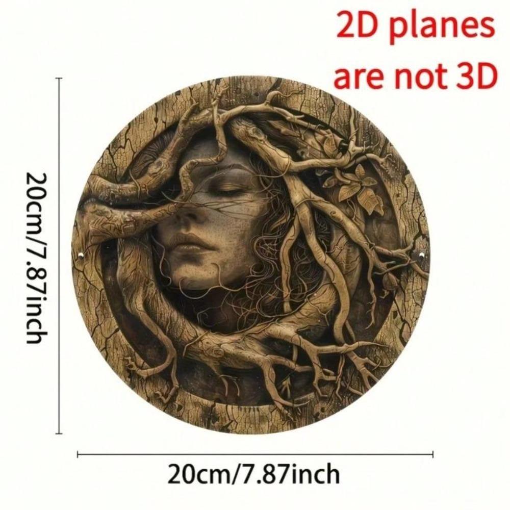 Round Metal Wall Art Tree Spirit Carved Face Home Decor Natural Inspired Calm Design