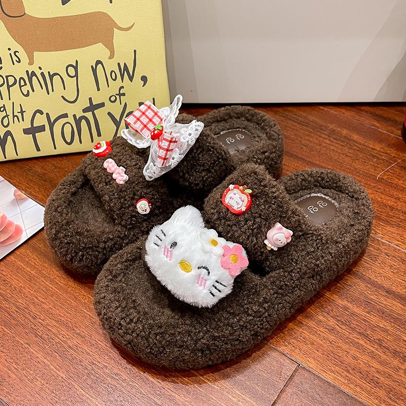 

2025 новые домашние хлопковые тапочки, интернет-знаменитость, зарубежный стиль, мультяшные, нескользящие, на высокой толстой подошве, пушистые тапочки, женские, для ношения зимой 40 коричневый