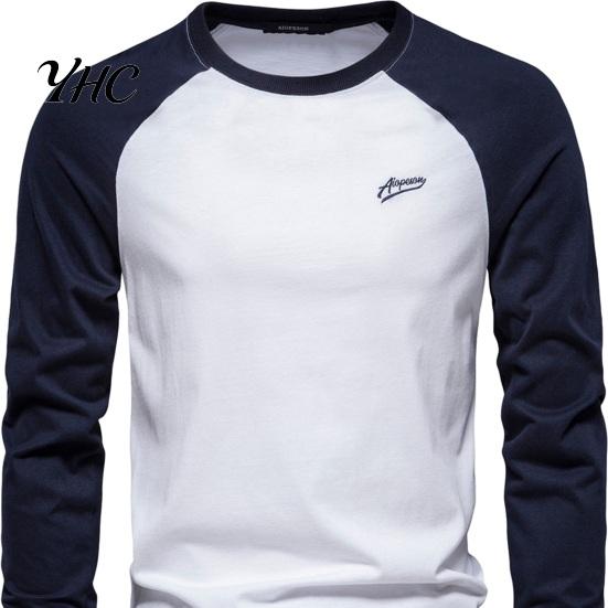 Long Sleeve Elastic Cuffs Top Men Raglan T-shirt O-Neck Patchwork Color Pullover Tops Loose Fit Breathable Casual Tees