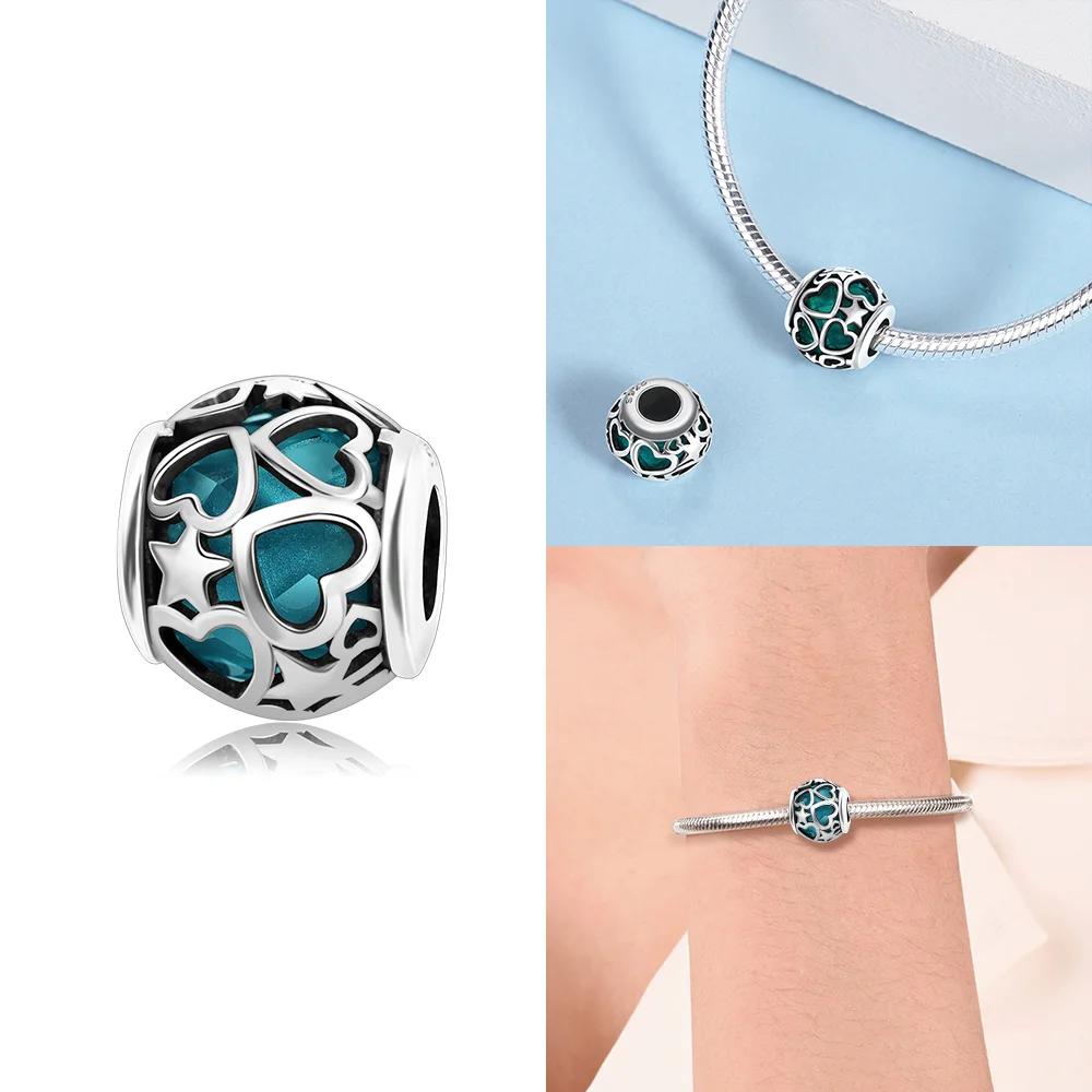 Original Blue Zircon Heart Pendant Couples Beads Fit Bracelet Charms Copper Women Jewelry Wedding Fine Gifts Diy