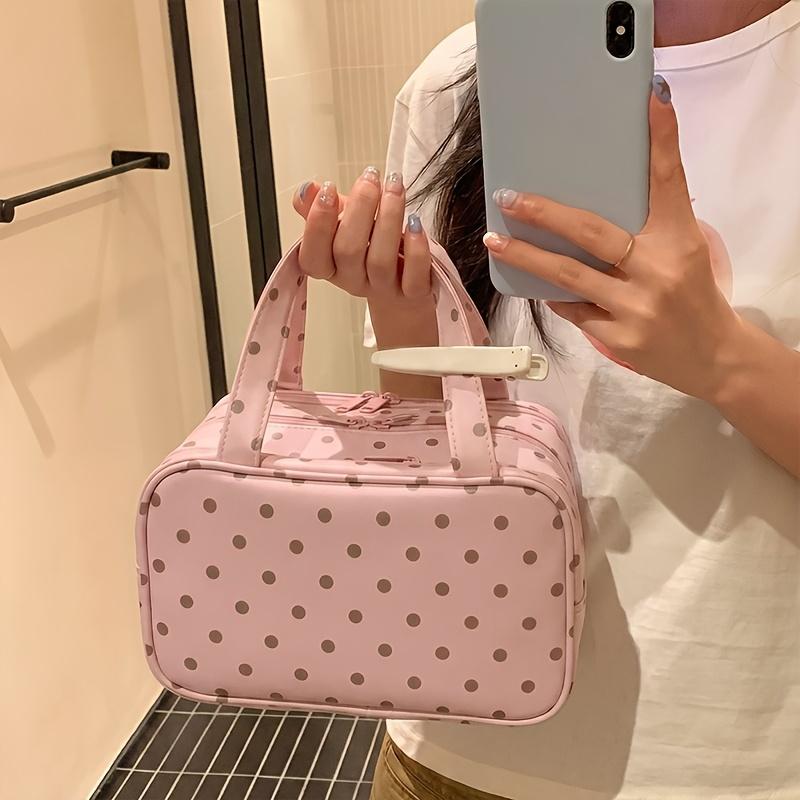 Polka Dot Handheld Makeup Bag Multifunctional Three Layer Partition Pu Cosmetic Bag Large Capacity Waterproof Travel Storage Bag