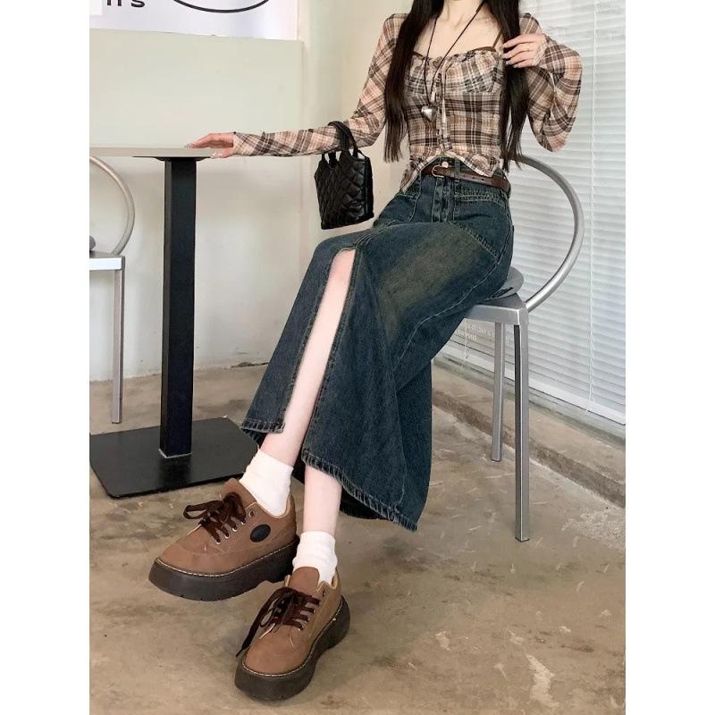 Retro Džínsová Sukňa Dámska Móda Jednoduchý Dizajn s Rozparkom Sukňa Strednej Dĺžky Všestranná Slim Fit Dámska Sukňa