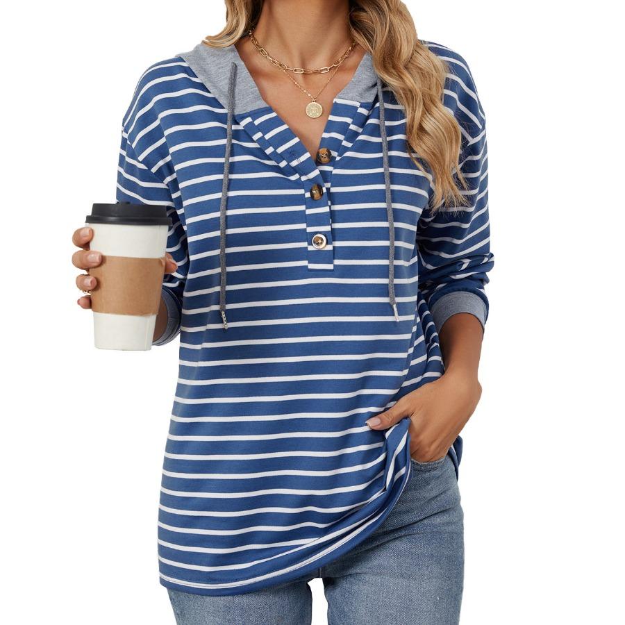 Women Autumn Winter Striped Pullover Long Sleeves Hoodies Contrasting Splicing Hooded Loose Sweatshirt for Women