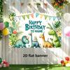 Watercolor Dinosaur Birthday Banner, 2D Flat Customizable Name Party Background with Tropical Leaves & Cute Dino