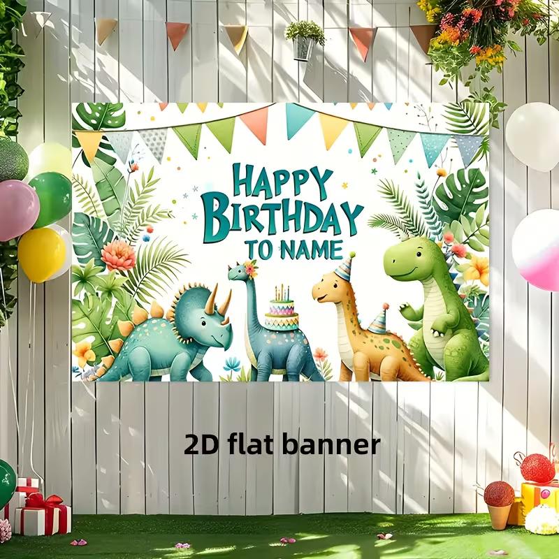 Watercolor Dinosaur Birthday Banner, 2D Flat Customizable Name Party Background with Tropical Leaves & Cute Dino