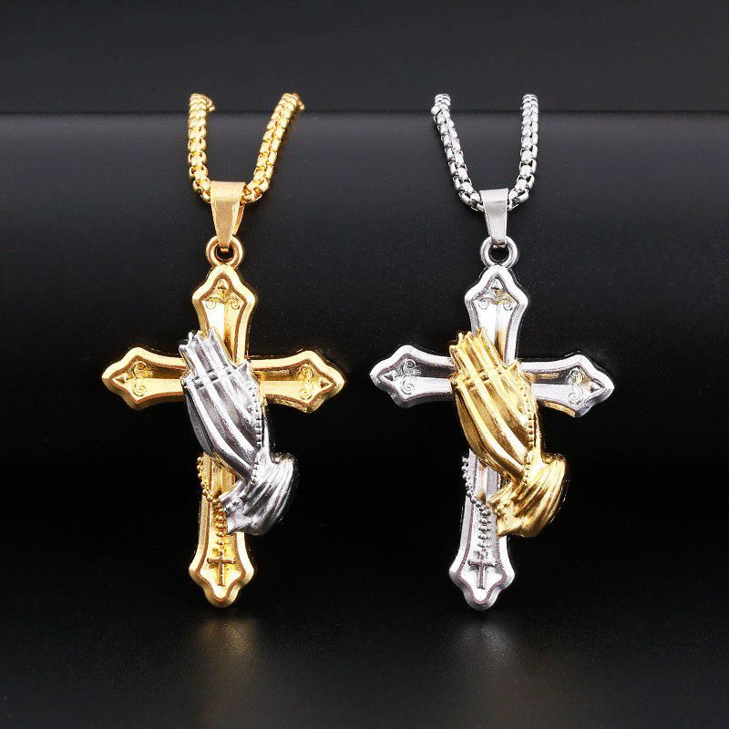 Versatile European and American Hip Hop Trendy Prayer Gesture Cross Necklace Trendy Hip Hop Titanium Steel