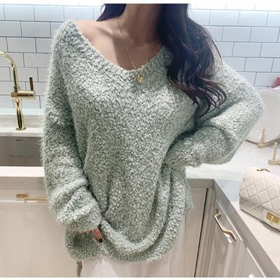 Winter Solid Loose Casual V-neck Sweater Women Simple Fashion All-match Pullover Sweater Female Knitting Top