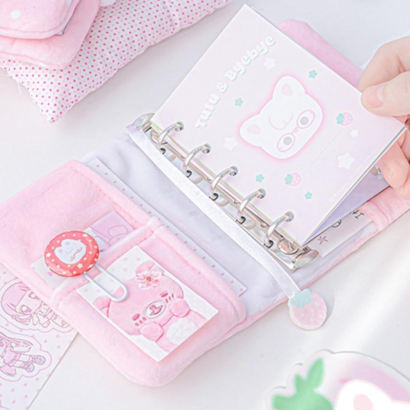 Plush Notebook Cute Plush Dot Pattern Journal Diary Refillable Loose Leaf Design Scrapbook For School Notes And Diary