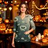 Women's Casual V-Neck Scrub Top with Pockets and Side Slits, 3/4 Sleeve Halloween Print