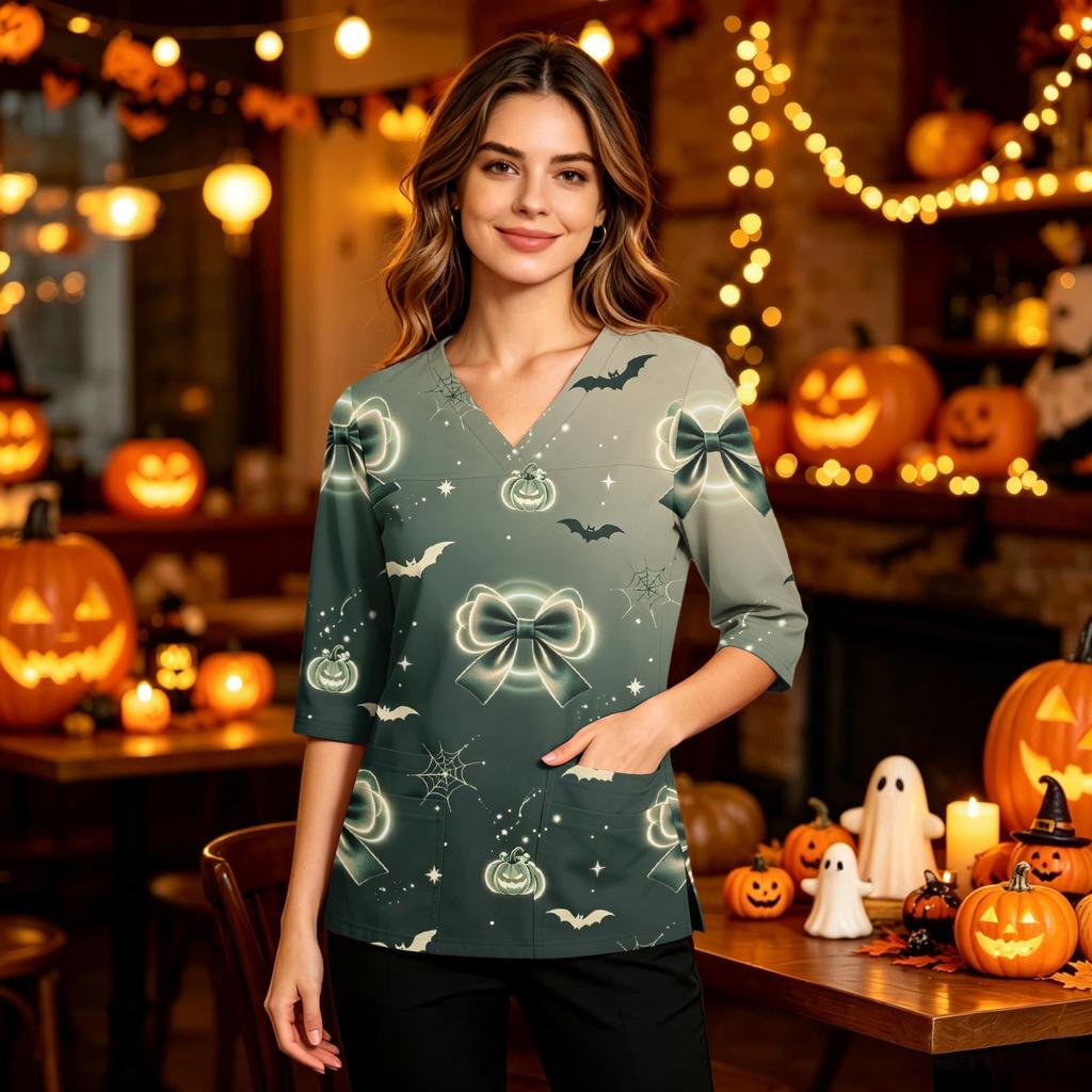 Women's Casual V-Neck Scrub Top with Pockets and Side Slits, 3/4 Sleeve Halloween Print
