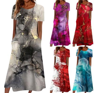 Summer Dress For Women Casual Printed V-Neck Short-Sleeve Beach Swing Dress