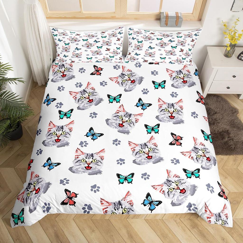 Kawaii Cat Duvet Cover Pink Bowknot Kitten Bedding Set Sweet Pet Animal Comforter Cover Princess Bow Girly Polyester Quilt Cover