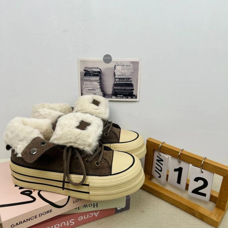 2025 Winter Women's Vulcanized Shoes Fur Womens Flat Shoes Increased Womens Sneakers Casual Female Canvas Shoes Tenis De Mujer
