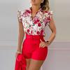2 st/set Dam Top Shorts Set Blomma utskrift Bälte Hög midja Ärmlös rynkning Dress-up OL Style Tight midja Damkostym
