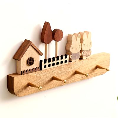 Handcrafted Wooden Key Hook Set with Cute Rabbit Figurines Wall Mounted, Polished, and Stylish for Your Entryway