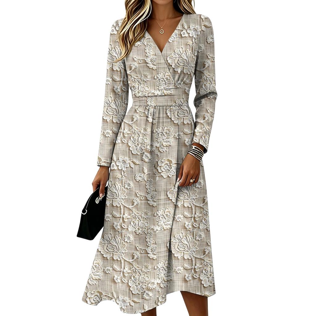 Women's Floral Casual Fashion Long-Sleeved Padded V-Neck Dress