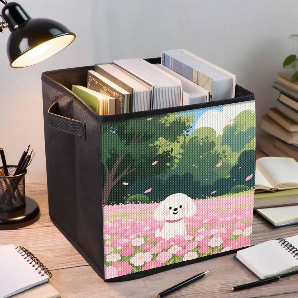 Der kleine Hund im Blumenbeet 5D Diamantmalerei Aufbewahrungskorb Voll Runde Bohrer Mosaik Diamantstickerei Kreuzstich-Sets Heimdekor Heimdekor