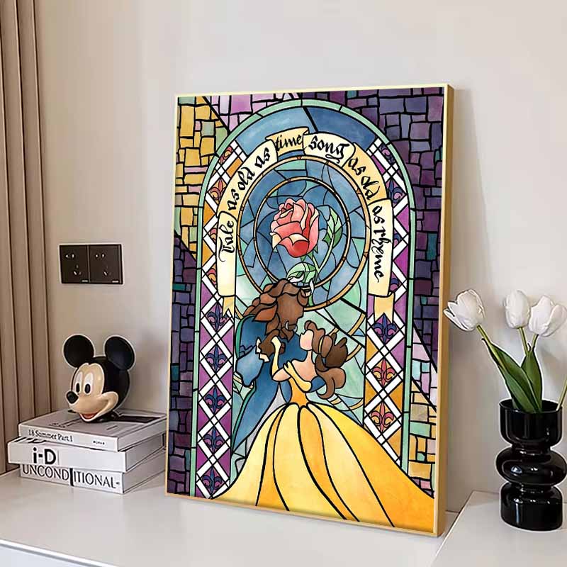 Disney Diamond Painting Beauty and The Beast Stained Glass Art Illustration 5D Full Diamond Art Mosaic DIY Embroidery Cartoon Wall Decoration