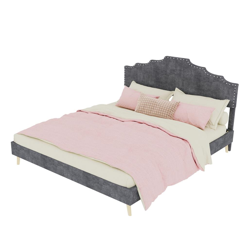 Modern soft bed, comfortable headboard, 160*200CM, gray, bed frame with low box, does not include pneumatic rod, includes 160*200CM mattress.