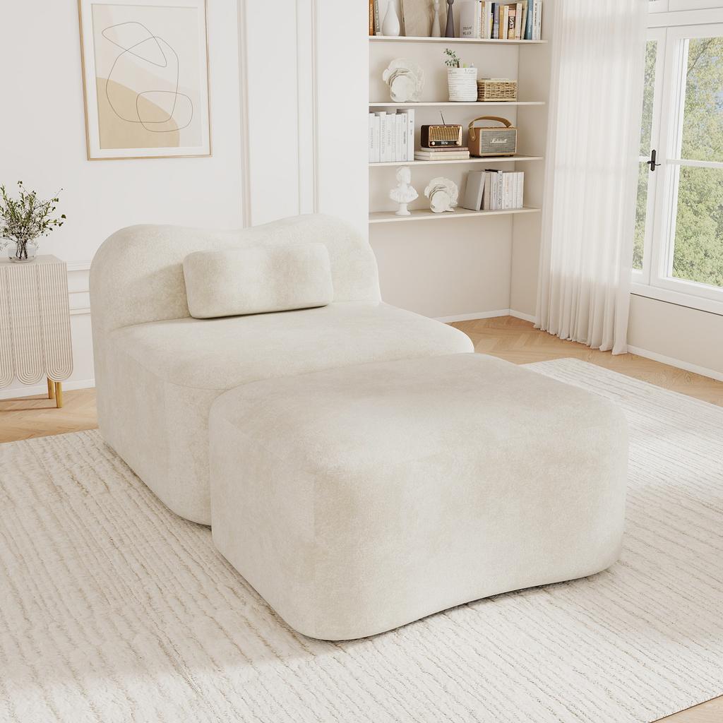 Modular Frameless Sofa with Ottoman, Wave Design, 32D Foam Filling, Movable Back Cushion, Soft Fabric, for Apartment, Living Room and Bedroom, Beige