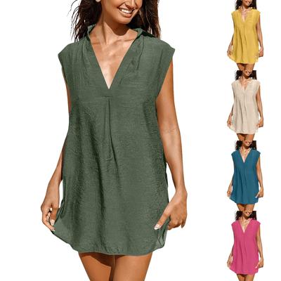 Women's Summer Dresses Casual Sleeveless Deep V-Neck Cotton And Linen Beach Sunscreen Dresses