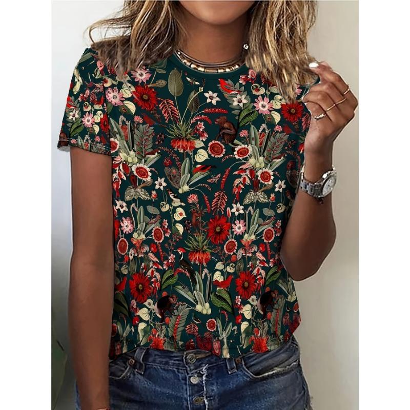 Women s Tee - Lush Floral & Bird Pattern Graphic, Vibrant Tropical Jungle Design for Casual Daily Wear S