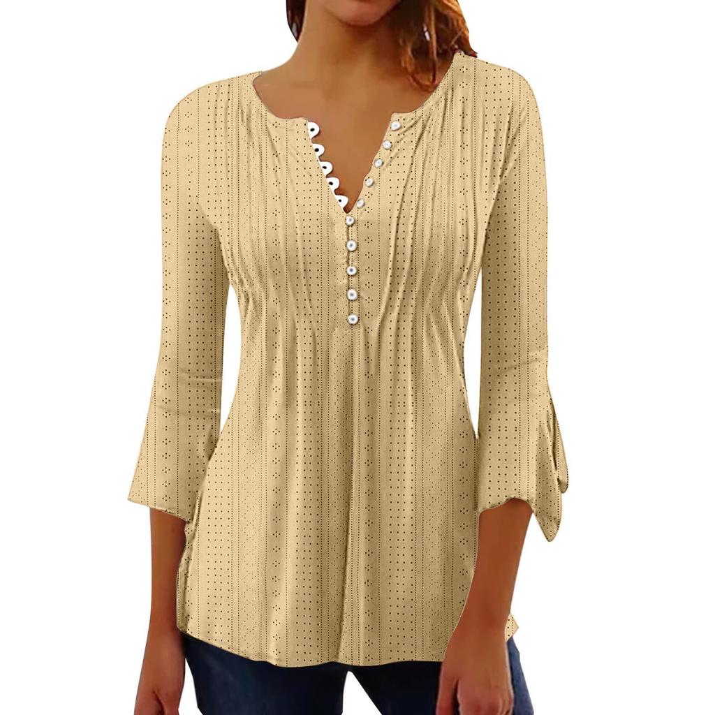 Solid Color Hollow Out V Neck Button Petal Sleeve Loose Commuting Women T Shirt
