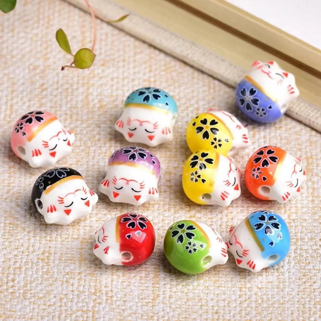 10pcs 14mm Through Hole Fortune Cat Raise Claws Ceramic Porcelain Loose Beads For Jewelry Making Accessories DIY Crafts Findings Creativity Beads