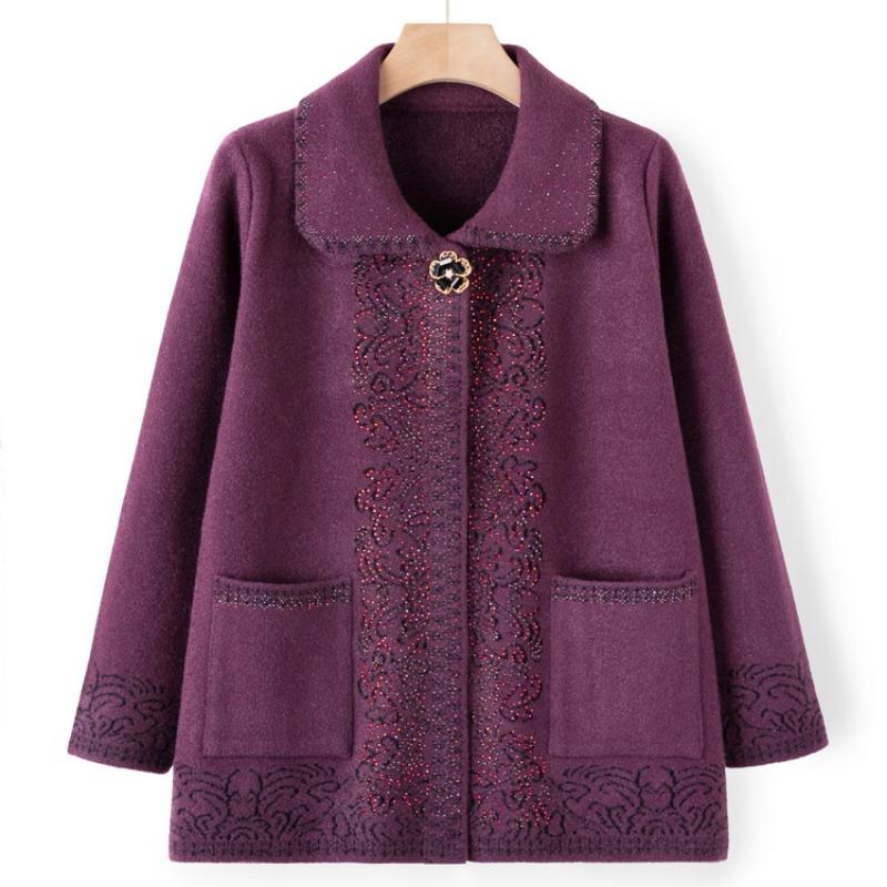 Mom sweater spring and autumn lapel jacket medium and old knitted sweater cardigan old man clothes old lady grandma top