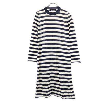 Border Pattern Long Sleeve Knit One Piece Navy X White Women Used