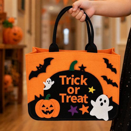 Ghost And Bat Candy Bag Halloween Trick or Treat Bag, Felt Goodie with Pumpkin Patches, Tote Large for Kids, Party Favor, Haunted House Decor Stiff