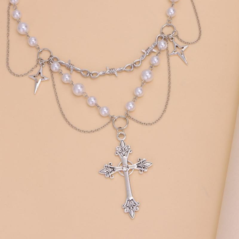 Y2k Spicy Girl Fashion Imitation Pearl Tassel Cross Necklace
