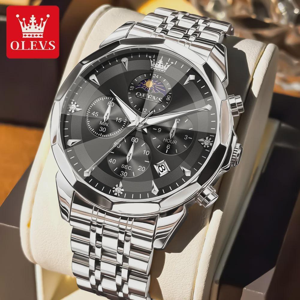 Mens Business Watch Fashion Quartz Watches Multifunctional Chronograph Waterproof Moon Phase Watch Mens Gifts