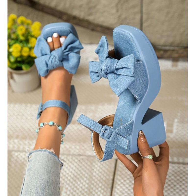 

Летние женские модные сандалии 2025 года, сандалии на платформе с бантом, ремешком с пряжкой, на толстом высоком каблуке, для повседневных и праздничных нарядов 35 джинсовый