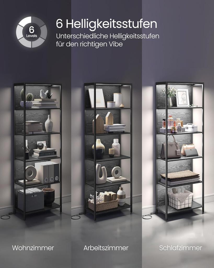 VASAGLE Libreria a 6 Ripiani con Illuminazione LED Regolabile, Scaffale con Struttura in Acciaio, 30,3 x 60 x 178,6 cm, per Soggiorno, Camera da Letto, Studio Nero Ebano