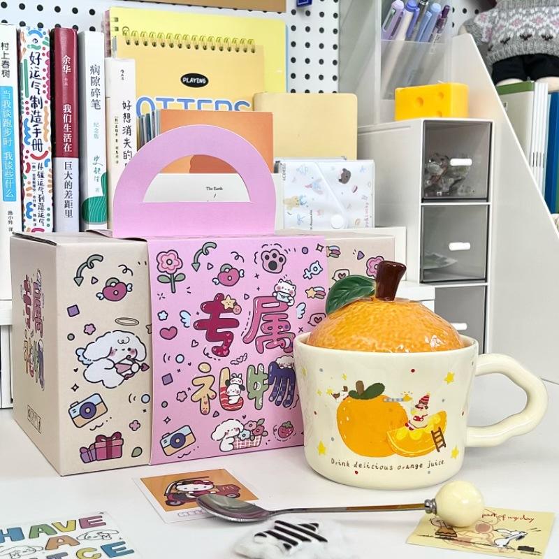 New Year's Gift Cute Orange Water Cup Boys and Girls Souvenir Gift Box High Value Ceramic Mug with Lid Spoon