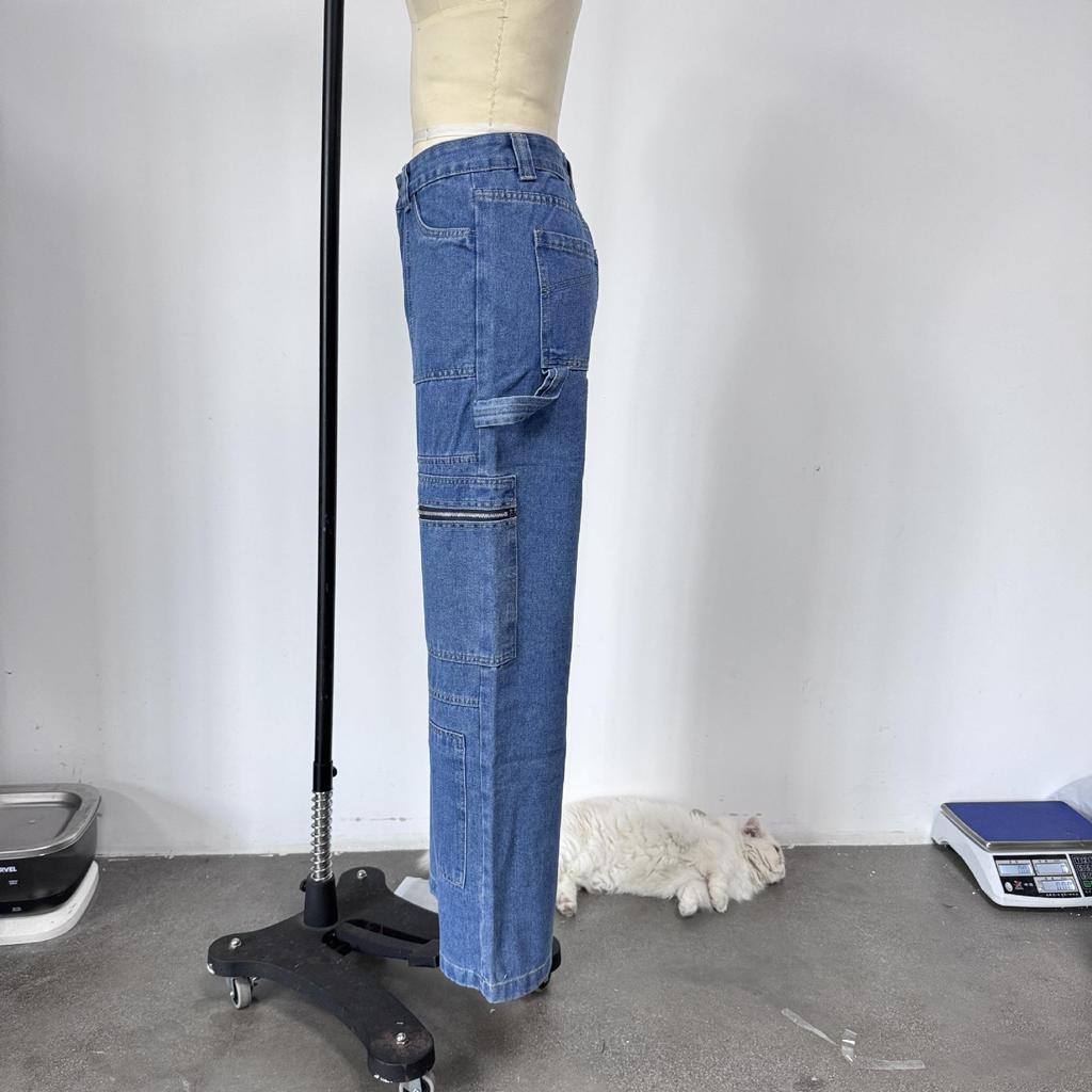 Women's High-Waisted Retro Cargo Jeans, Wide-Leg, Floor-Length Spicy Girl Style