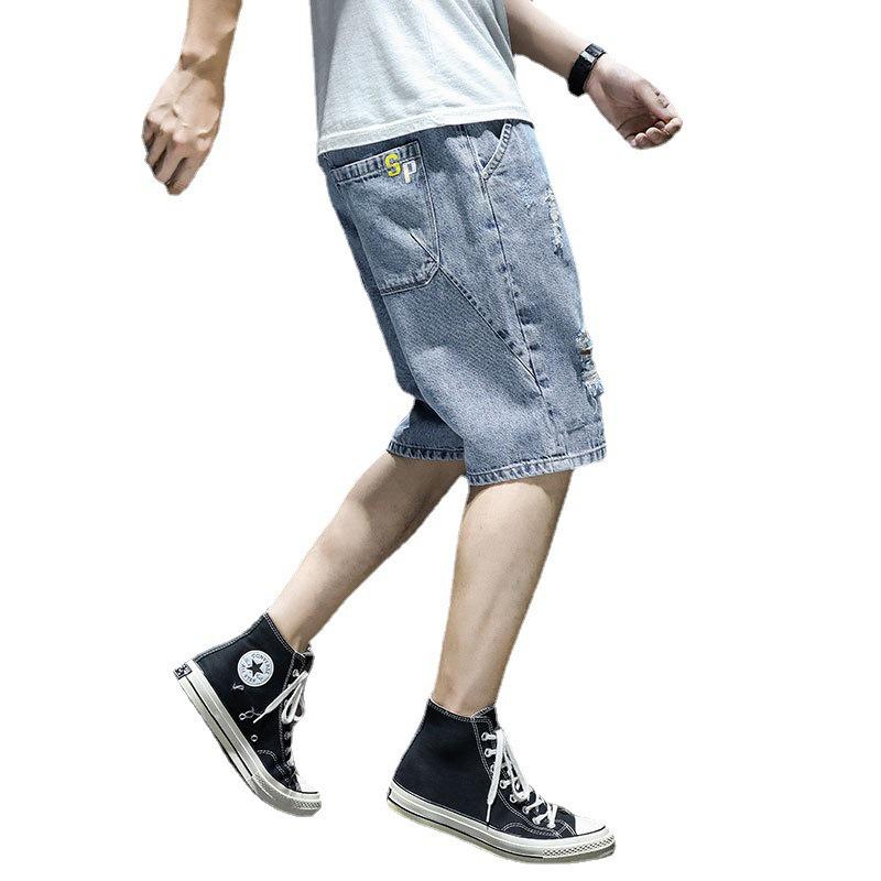Men's Summer Korean-Style Ripped Denim Shorts - Thin, Loose, Straight, Casual Mid-Length Trendy Workwear.