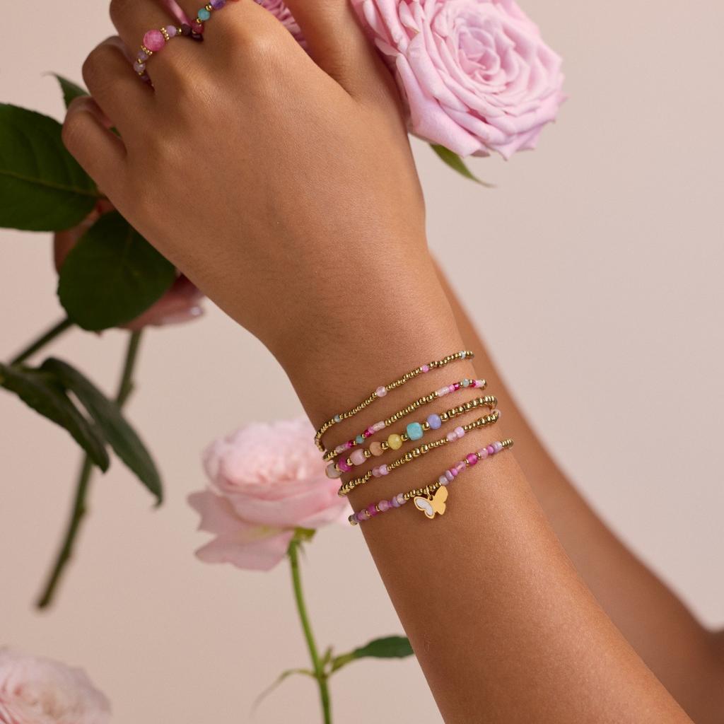 GEMCHIC Women's Multicolor Beaded Stackable Bracelets Set with Gold Butterfly Charm, Natural Stone & Stainless Steel Boho Wristband Jewelry