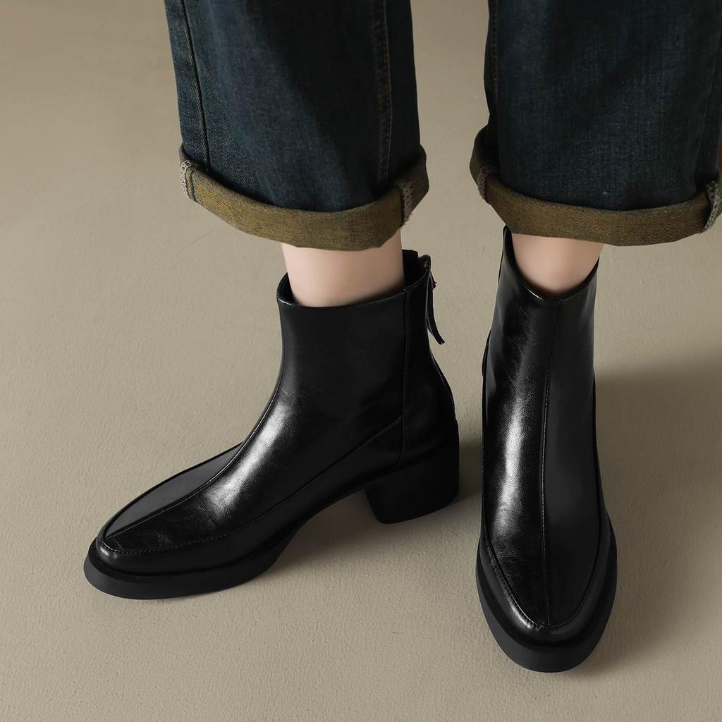 Krazing Pot Cow Skin Winter Round Toe Chunky Heels Motorcycle Boots Size 43 Zipper Women Platform Ankle Boots